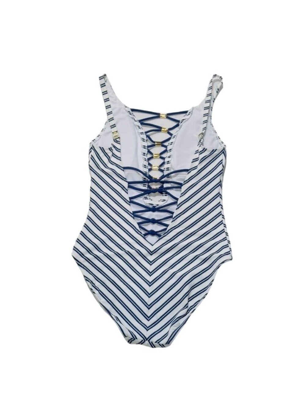 BLEU ROD BEATTIE Women's Swimsuit 1 Pc Striped Open Back Lace Up Size 4 - Picture 7 of 10